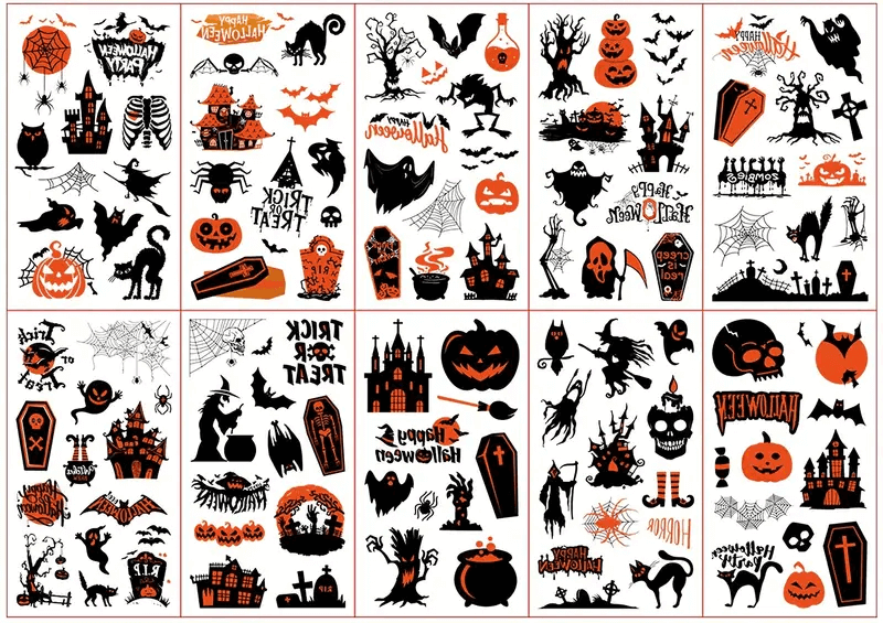 Набор Хэллоуин из 10 детских временных тату по 12х7 см (kids-tatto-halloween-set10)