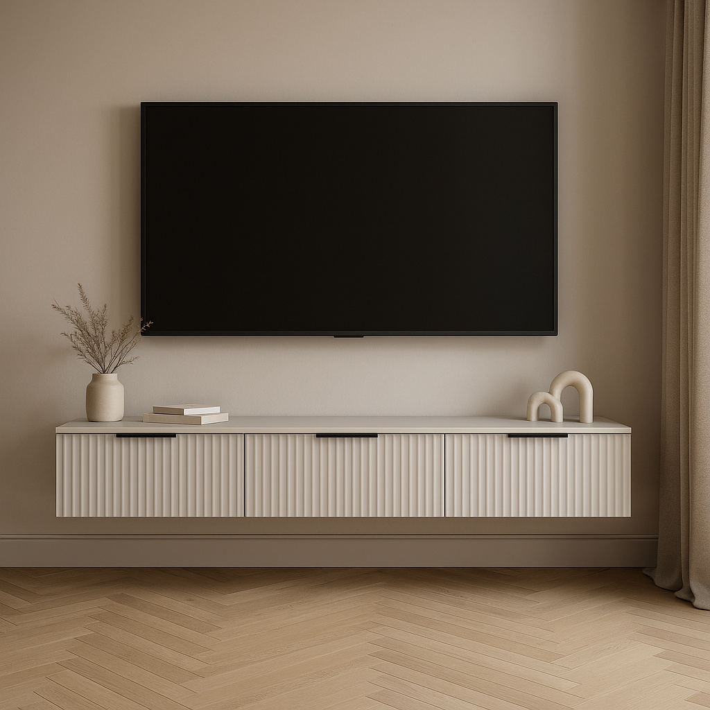 Тумба під телевізор ТВ1 SENAM 220х1400х360 мм корпус ДСП Кашемір фасад МДФ фарба NCS S 2002-Y50R Шовк мат фрезерерування Плаше Грос Тумба під телевізор ТВ1 SENAM 220х1400х360 мм корпус ДСП Кашемір фасад МДФ фарба NCS S 2002-Y50R Шовк мат фрезерерування Плаше Грос