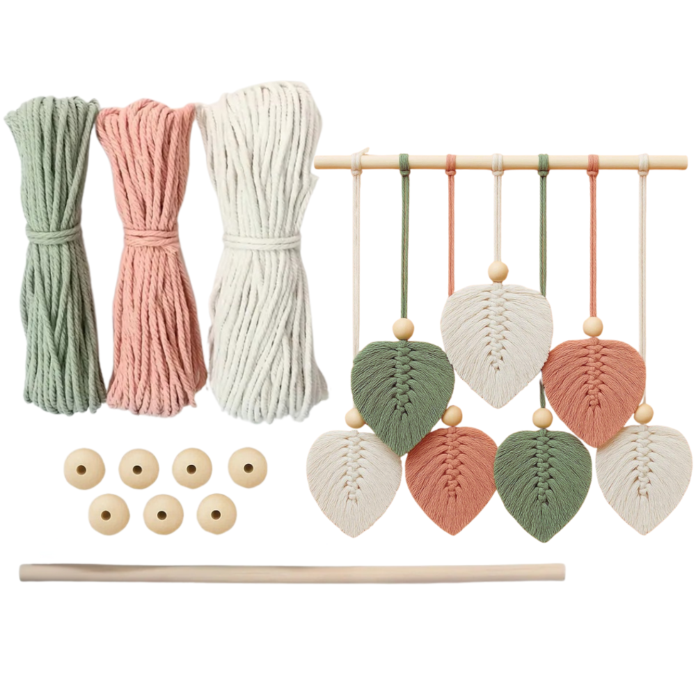 Набор макраме Листья для рукоделия и ручного вязания гобелена настенного декора 37х30 см Розово-зеленый