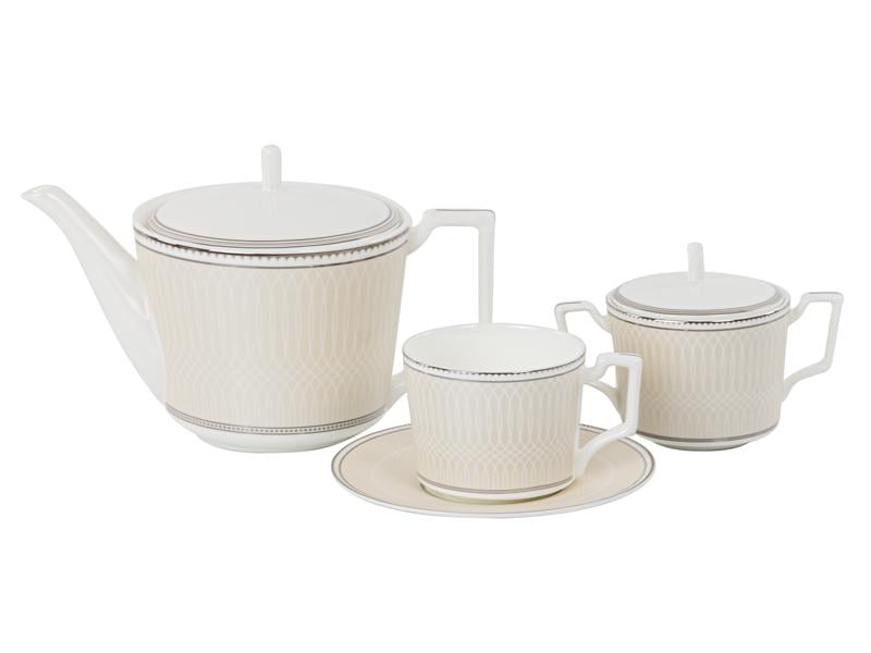 Чайний сервіз Lefard Infinity 440-117 на 6 персон з чайником та хромовою облямівкою Білий