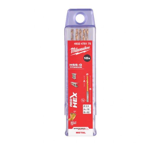 Сверло по металлу Milwaukee RedHEX HSS-G TiN 2.5х19х62 мм 10 шт. (4932478175) - фото 1