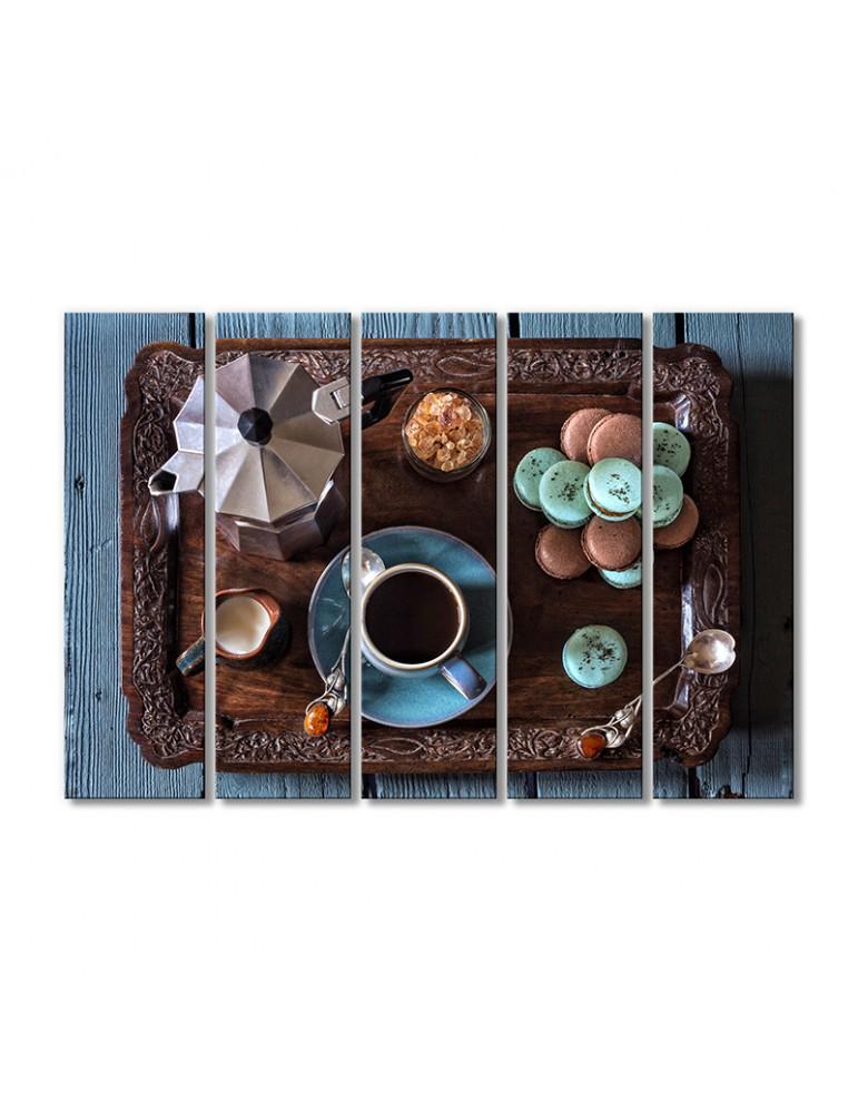 Картина модульная Поднос с кофейным напитком 5 модулей 70x105 см