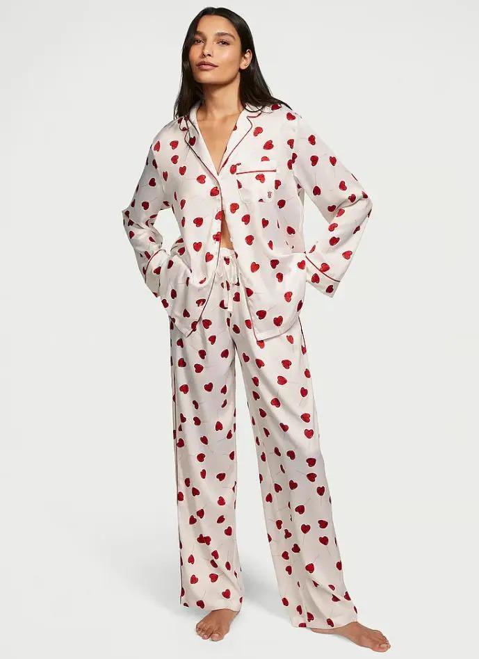 Піжама сорочка/штани сатинова Victoria's Secret Satin Long Pajama Set у сердечки M Білий (26747401)