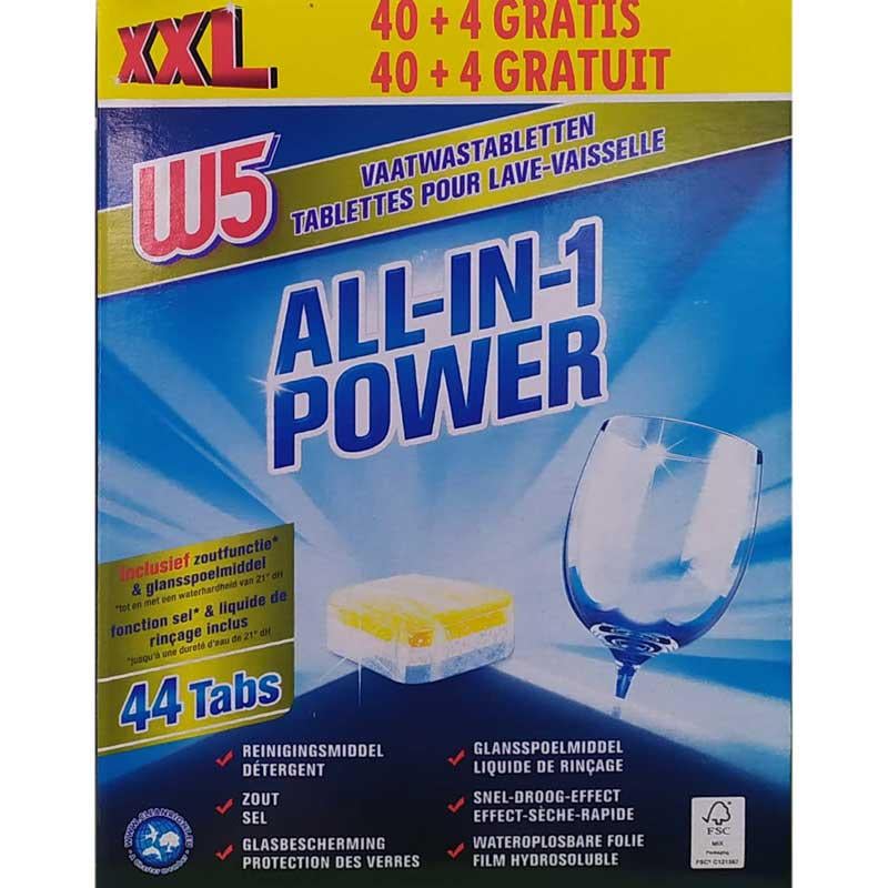 Таблетки для посудомоечной машины W5 All-in-1 Power в водорастворимой фольге 44 шт. (4056489443285)