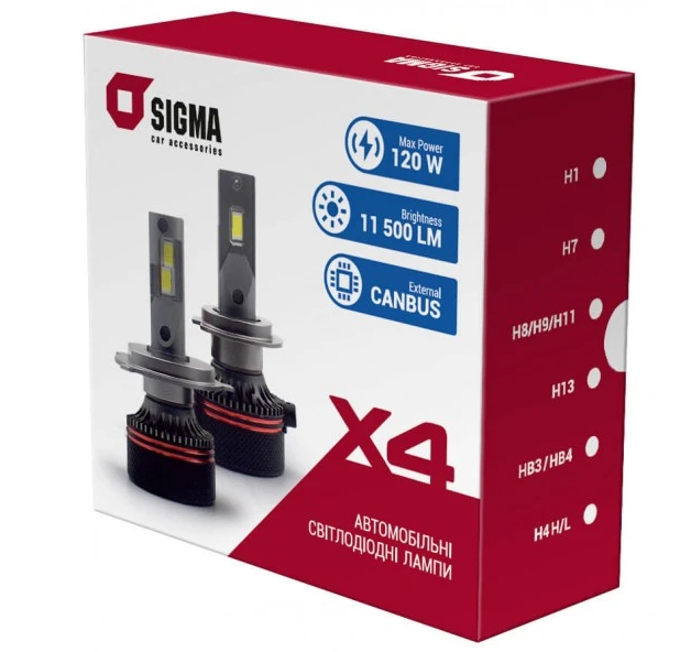 Автомобільні лампи Sigma LED H7 X4 60W H7 6000 K 11500LM CANBUS (47576)
