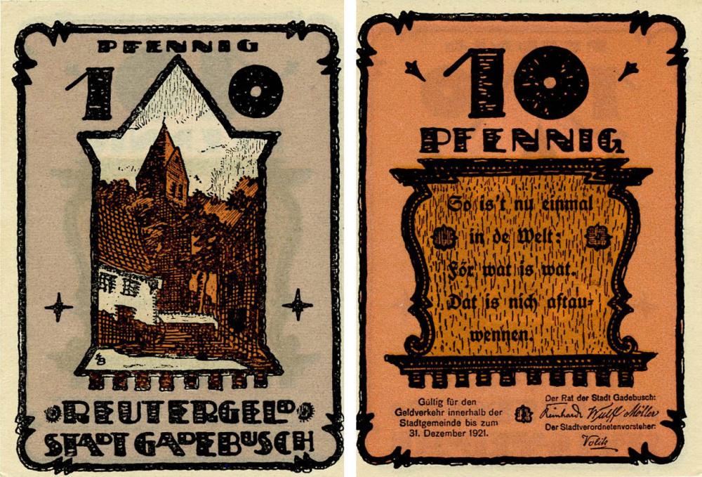 Коллекционная банкнота Германия Нотгельд 10 пфеннигов 1921 F-VF Гадебуш (Б18498)