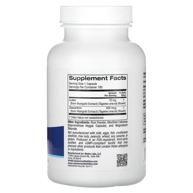 Лютеїн Lake Avenue Nutrition Lutein 10 mg 180 капсул - фото 2