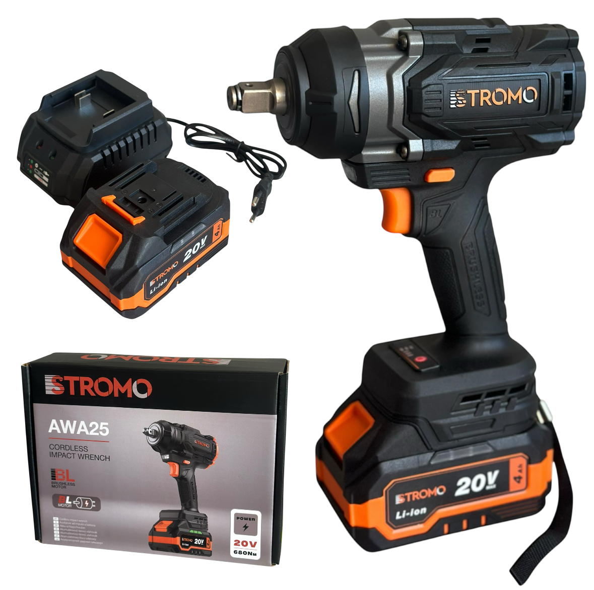 Гайковерт акумуляторний Stromo AWA25 ударний безщітковий із зарядним пристроєм 20V 4 Ah 680 Нм (28461377)