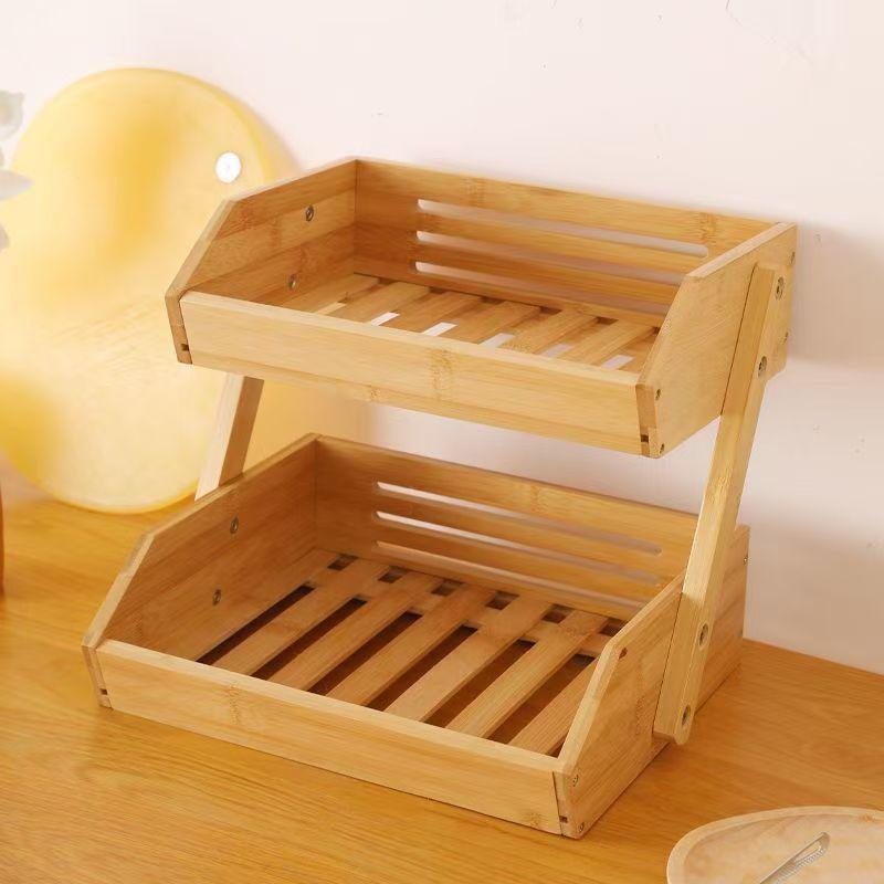 Этажерка бамбуковая кухонная для фруктов и овощей двухъярусная деревянная настольная 95х105х27 мм