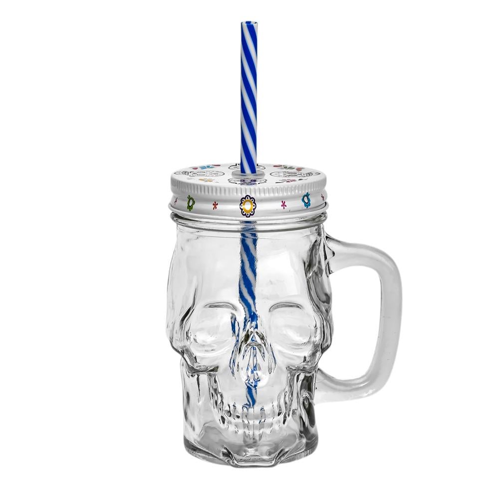 Чашка-банка Stenson R93371 Череп з кришкою та трубочкою 400 мл White (632612)