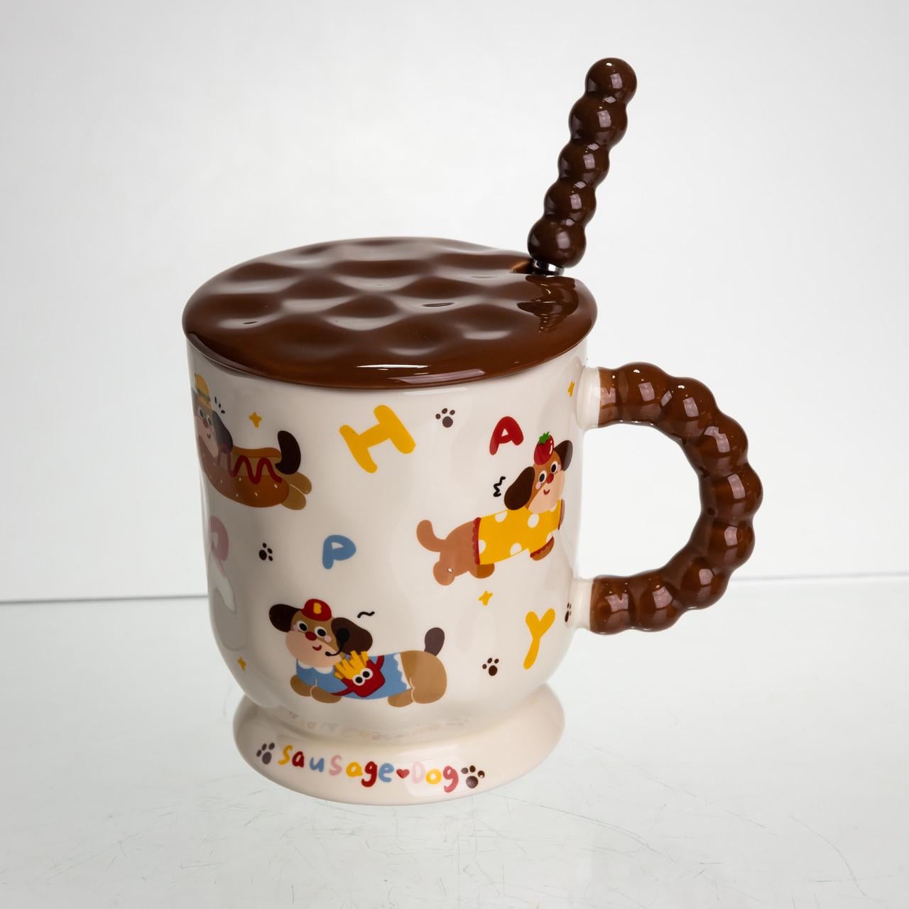 Чашка фарфоровая Light House Праздничные таксы LG-30160-B MIX с ложкой и крышкой 400 мл