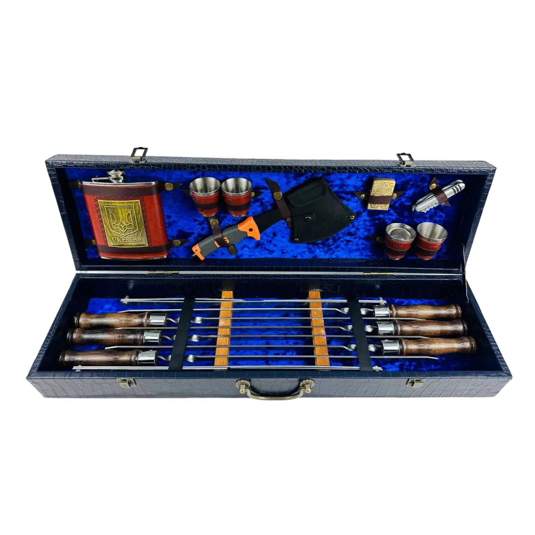 Набор шампуров в кейсе VIP 9 кожаный из нержавеющей стали (2-10-KS-7309)