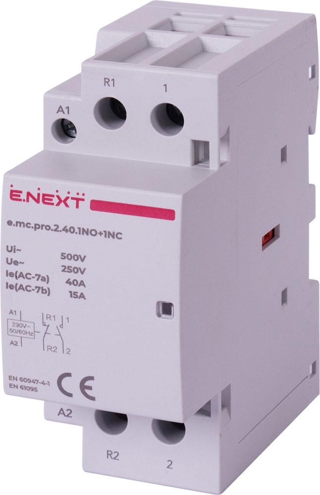 Контактор модульний E.NEXT e.mc.pro.2.40.1NO+1NC 2P 40А 1NO+1NC 220V (p005226)