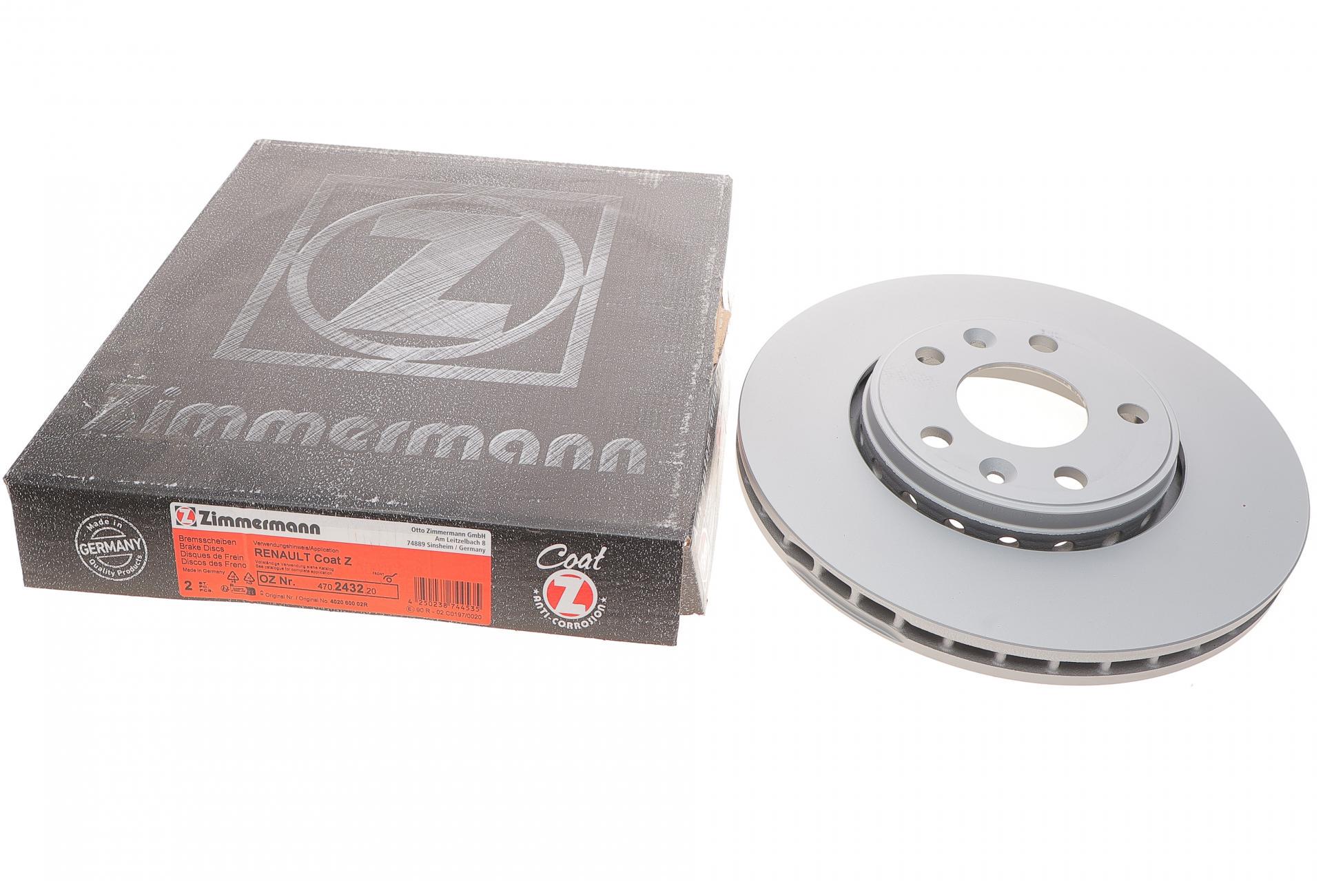 Диск тормозной передний ZIMMERMANN для Renault Megane III/Scenic III/Laguna III 07- с покрытием вентилируемый 296x26 мм (470.2432.20)