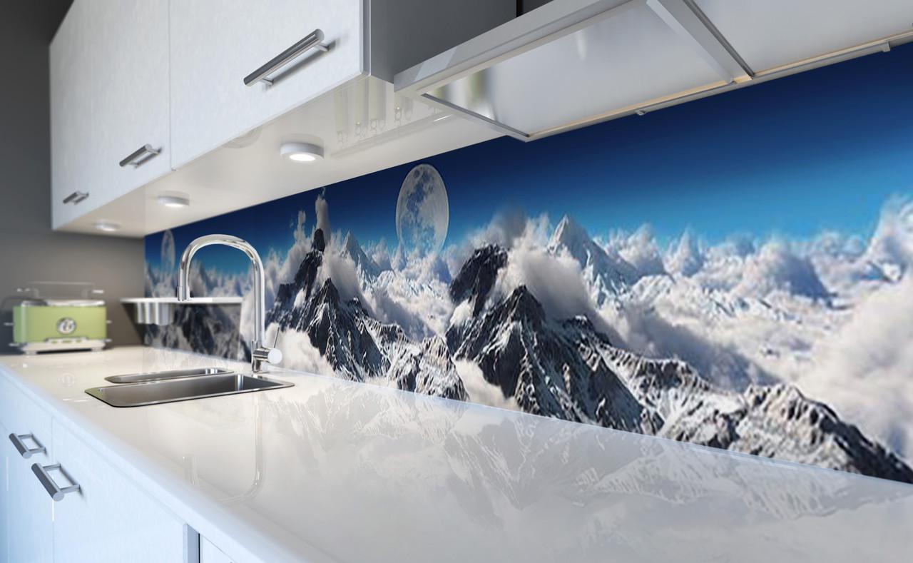 Кухонный фартук Выше облаков/Луна/Горы/Небо из самоклеющейся виниловой пленки 60х300 см Голубой