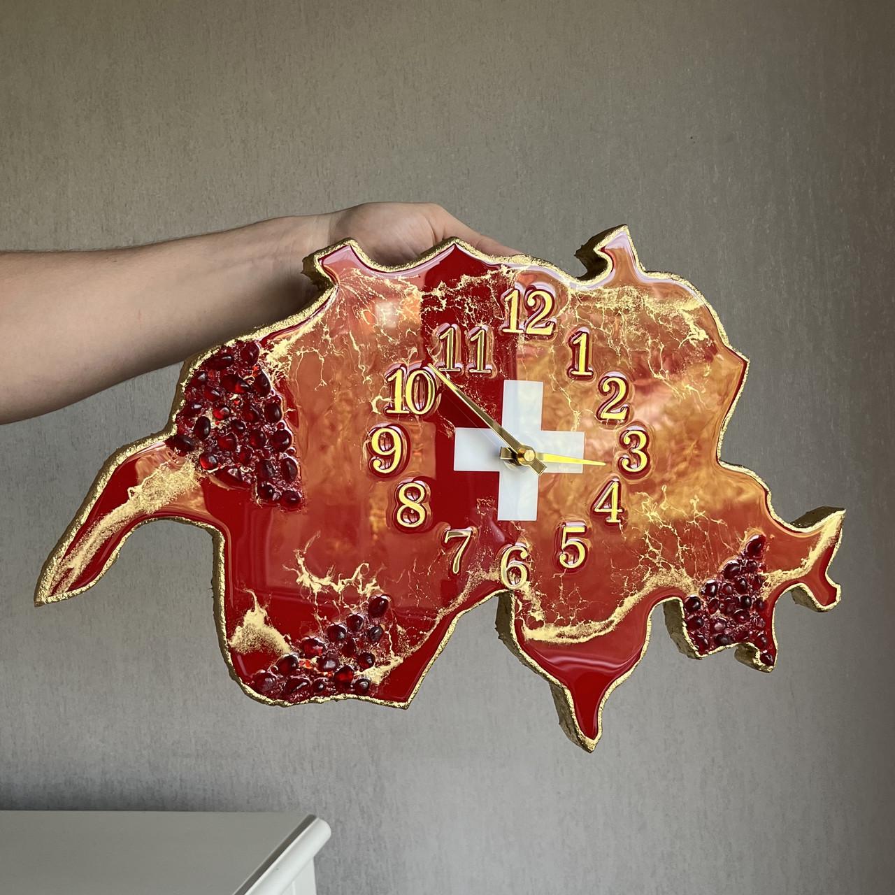 Годинник настінний з епоксидної смоли Карта Швейцарії 40х25 см