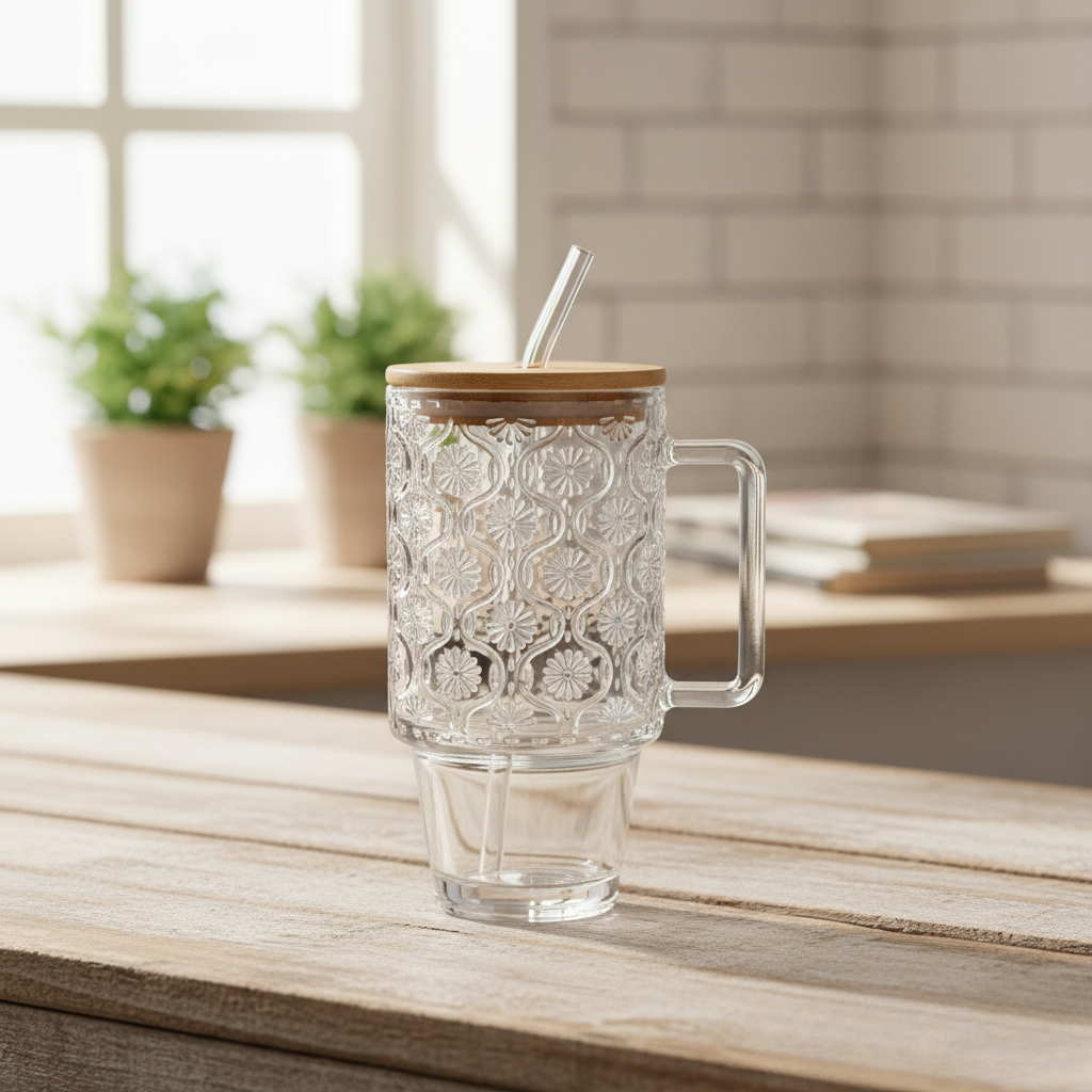 Чашка стеклянная с бамбуковой крышкой и стеклянной трубочкой NIKA 750 мл Прозрачный (HP-19-48N)