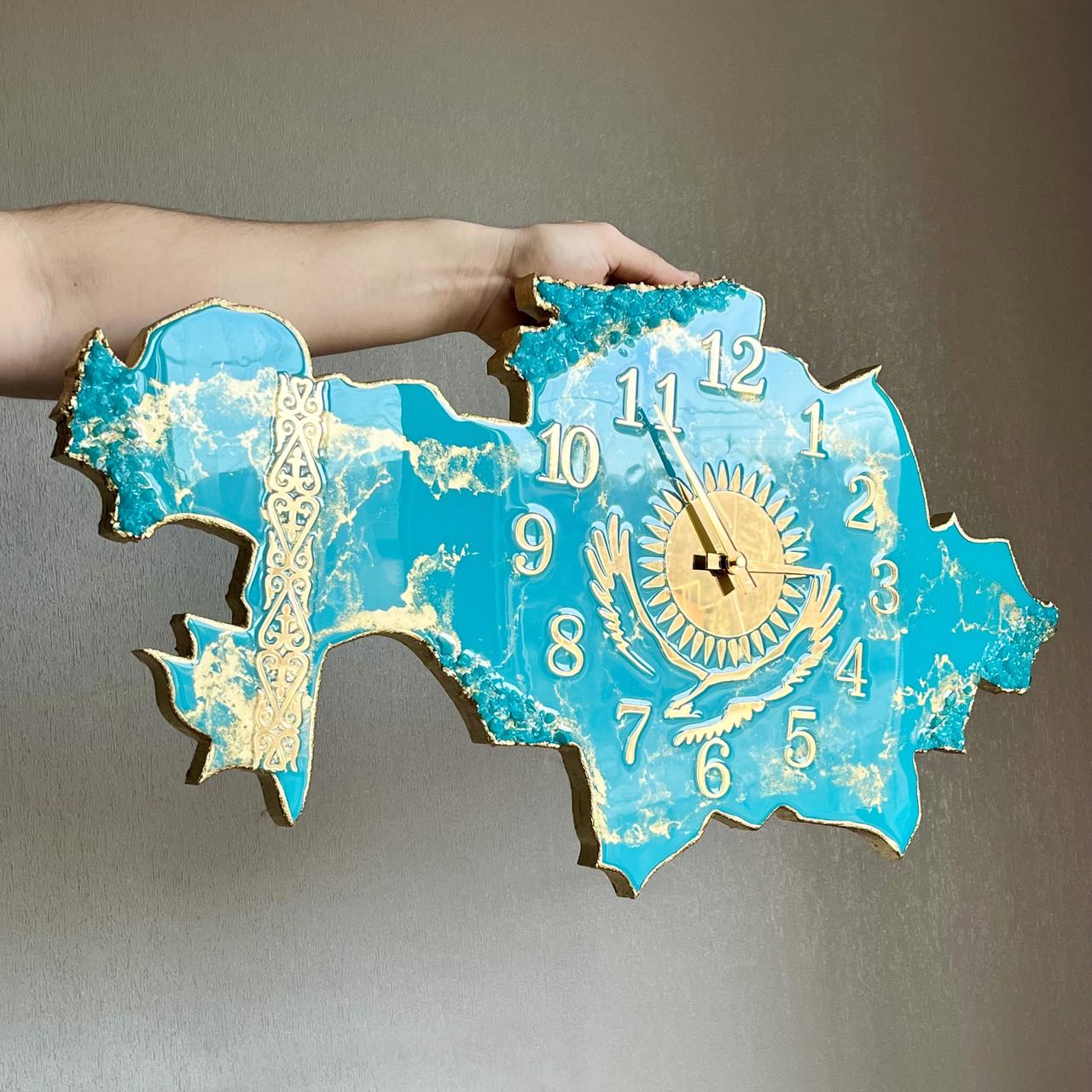 Годинник настінний з епоксидної смоли Карта Казахстану 70х38 см