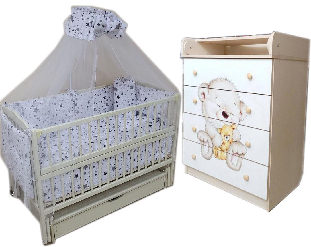 Кроватка маятник Радуга Марк с комодом без ящика + матрас кокос/постельный набор 9 эл. (12353043)