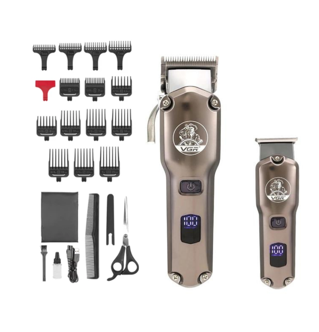 Машинка для стрижки и триммер VGR V-675 с влагостойким корпусом Led-дисплей Usb 14 насадки