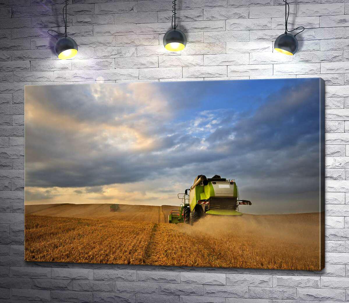 Картина ArtPoster Зеленый комбайн собирает золотую пшеницу 100x66 см Модуль №1 (002521)