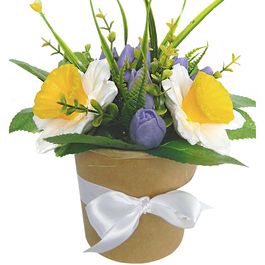 Букет из мыла Нарциссы с тюльпанами в кашпо ручной работы (00544BM)