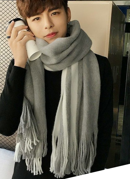 Шарф шерстяной теплый 200x40 см Серый с белыми вертикальными полосами (51-215-1721-СБ)