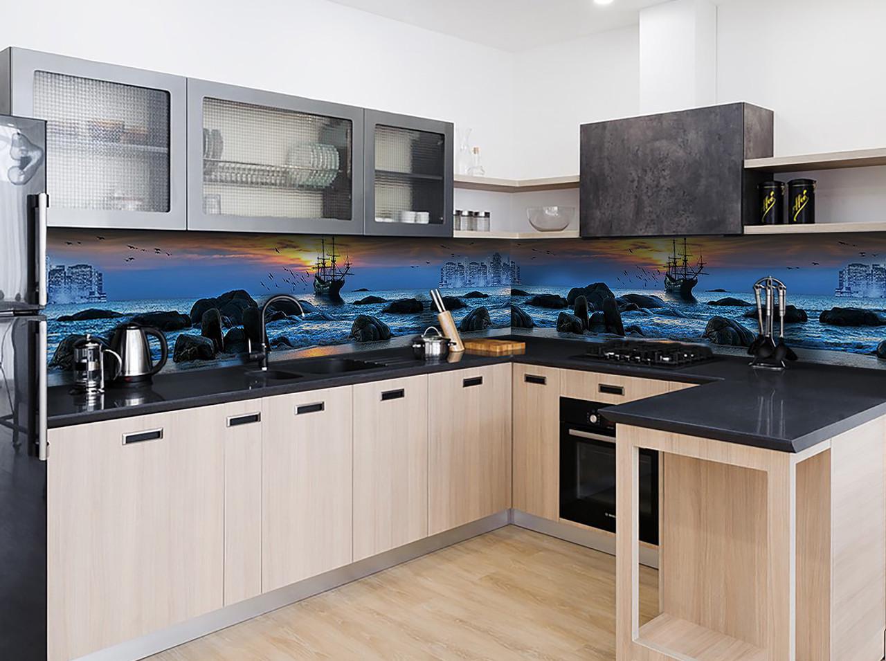 Кухонный фартук Корабль у берега из самоклеющейся виниловой пленки 65х250 см Синий