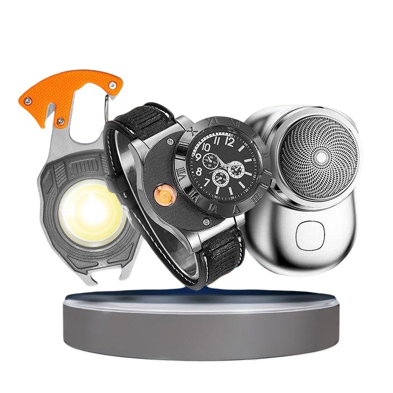 Комплект годинник із запальничкою роторна електробритва акумуляторний LED ліхтар мультитул