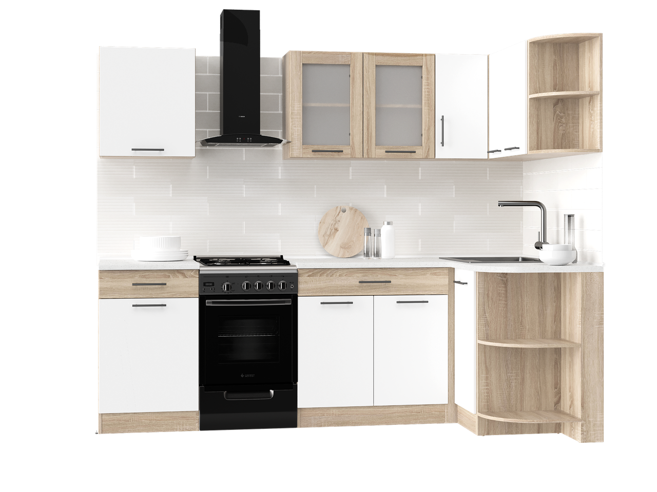 Кухня готовая Эверест угловая №1 Эко Нова и столешница 2,4х1,2 м Сонома/Белый (27007.01) Кухня готовая Эверест угловая №1 Эко Нова и столешница 2,4х1,2 м Сонома/Белый (27007.01)