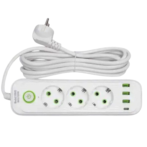 Сетевой фильтр-удлинитель 3 розетки 3xUSBxA 1xUSB-C 3м Белый (HP-5-33)