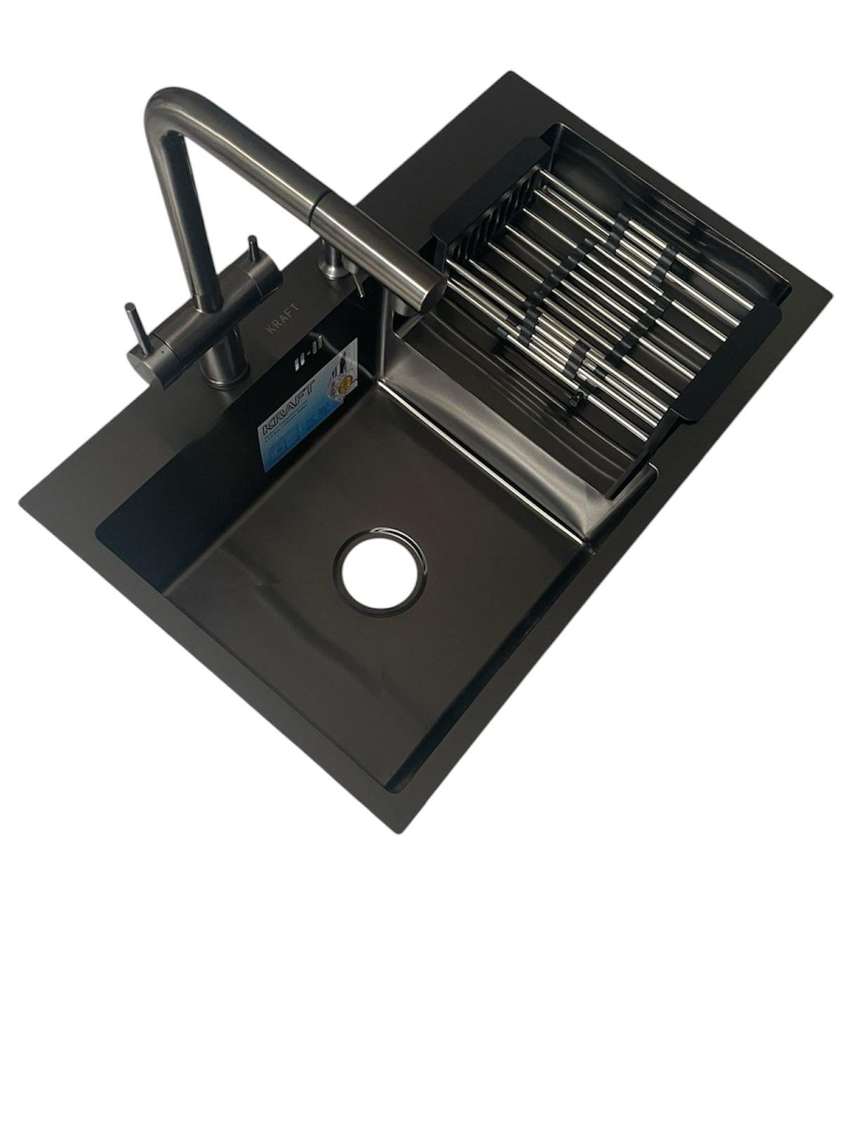 Мойка кухонная Kraft 7848 АL левая и кран для кухни выдвижной с фильтром воды Venta BK82FEG Черный