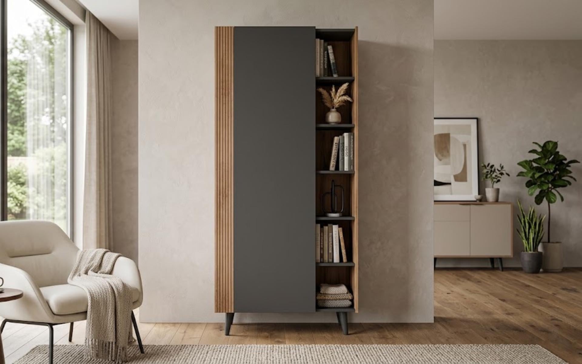Шкаф книжный с открытыми полками Mebex TANGO 755x425x1790 мм Серый графит/Канелла Страта (6524654065)