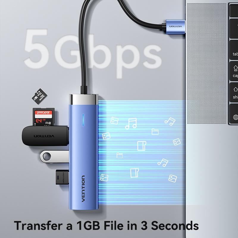 USB-хаб Vention USB-3x USB 3.0/5 Гбіт/с RJ45 1 Гбіт/с Type-C USB-A Синій (TGFSB) - фото 6