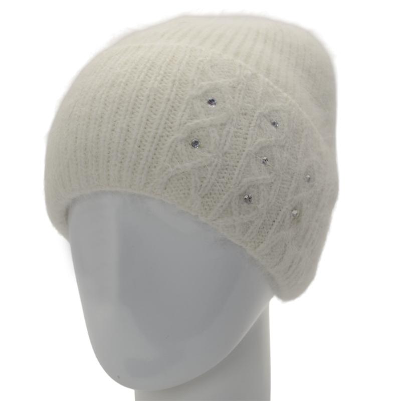 Шапка жіноча ангорова з відворотом утеплена флісом Lirus Крокус з візерунком прикрашена стразами Молочний - фото 1