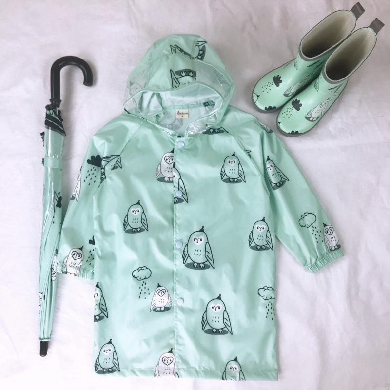 Дождевик детский/детский зонтик-трость/детские резиновые сапоги Enbihouse с узором совы Мятный