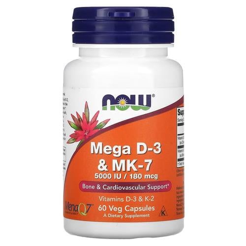 Витамин D3 + K-2 NOW Mega D-3 & MK-7 180 mcg 5,000 IU 60 veg capsules (NOW-00384)