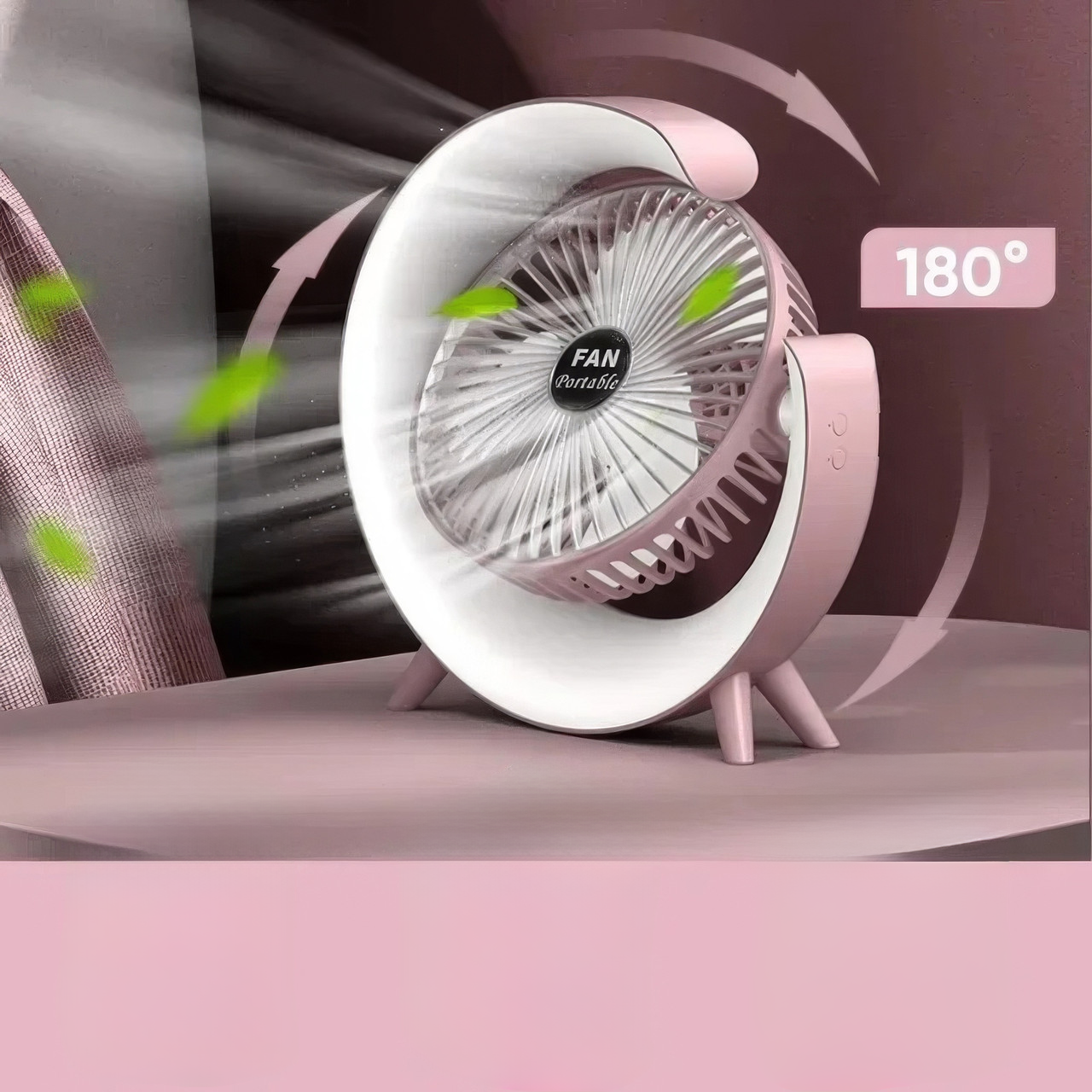 Вентилятор настільний акумуляторний з LED підсвіткою USB 3 швидкості 24x24 см Рожевий - фото 6