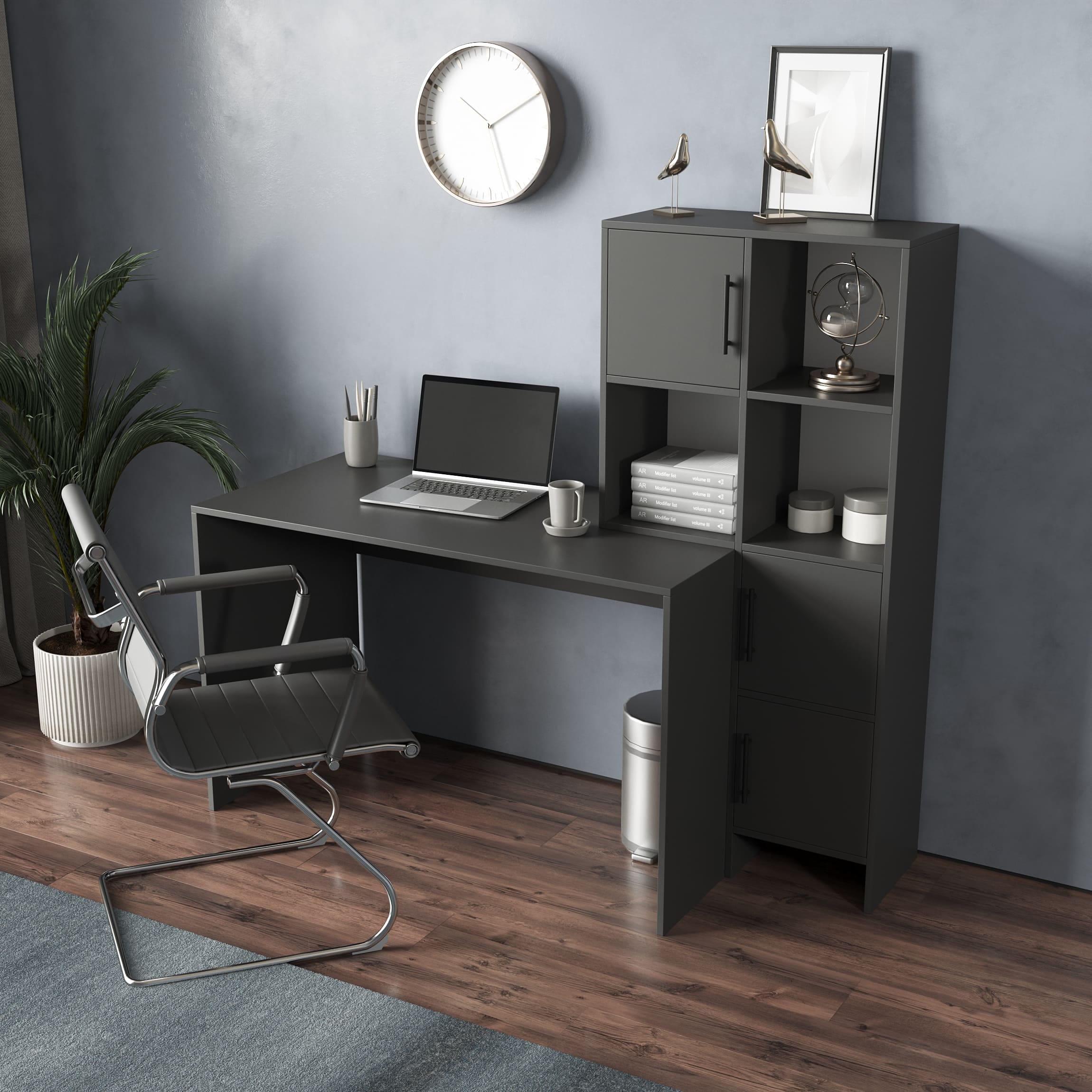 Письменный стол для компьютера со стеллажом с дверками Антрацит (380136) Письменный стол для компьютера со стеллажом с дверками Антрацит (380136)