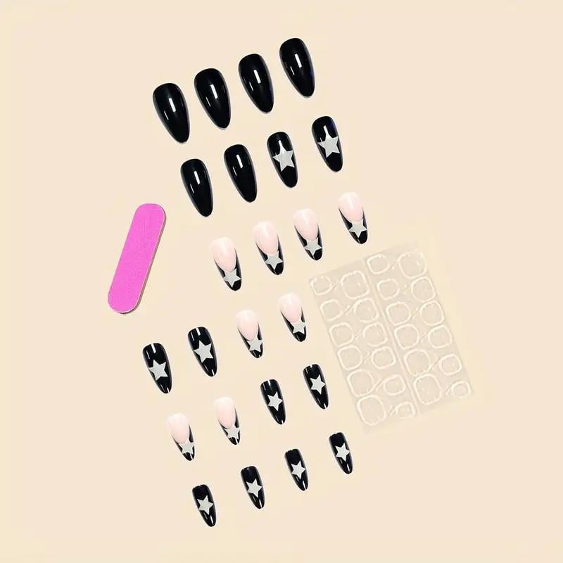 Накладные ногти Звезды миндаль средней длины с клеевыми пластинами 24 шт. Черный с белым (2789190667) - фото 4 Накладные ногти Звезды миндаль средней длины с клеевыми пластинами 24 шт. Черный с белым (2789190667) - фото 4