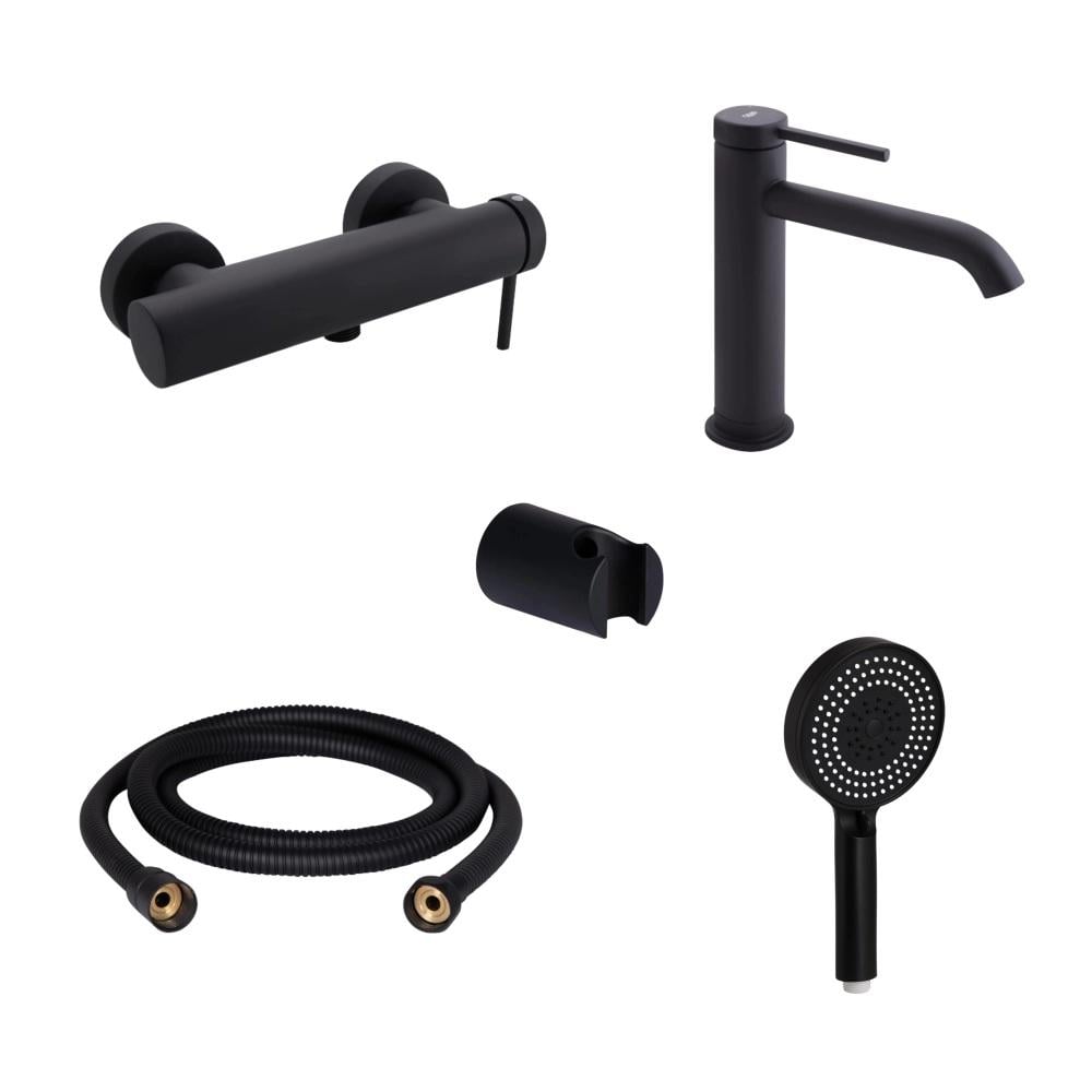 Смеситель для раковины и смеситель для душа/держатель/шланг/лейка Qtap Robin Black