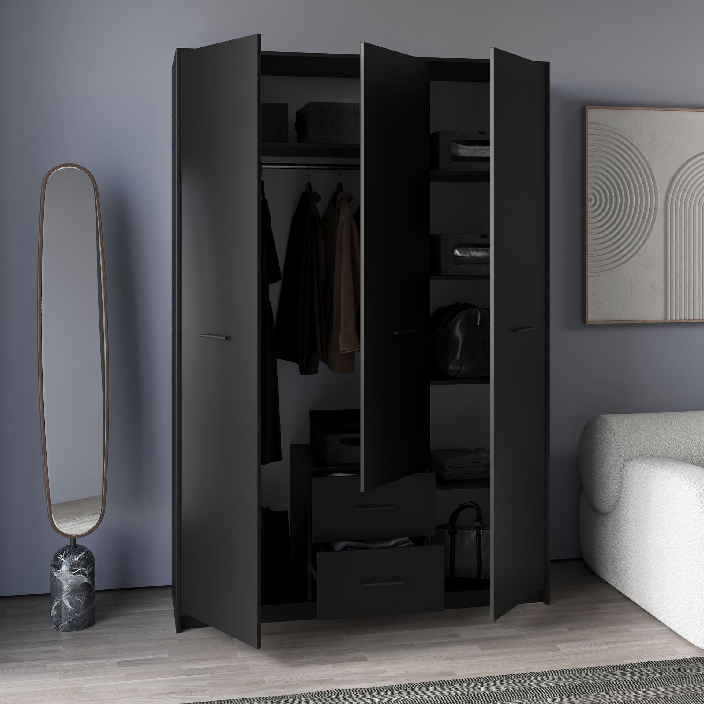 Шкаф трехдверный с двумя ящиками полками и штангой Черный (380558)