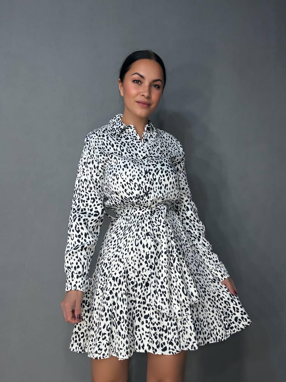 Сукня жіноча MIX RAY 4219 леопардовий принт коротка на гудзиках з пасок L Білий (1418) - фото 1 Сукня жіноча MIX RAY 4219 леопардовий принт коротка на гудзиках з пасок L Білий (1418) - фото 1