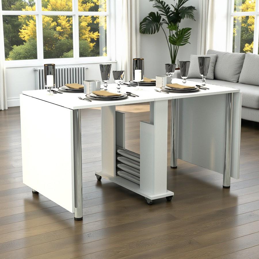 Стіл-книжка обідній Tobi Sho Родинний розкладний на колесах 800х185х730 мм Білий