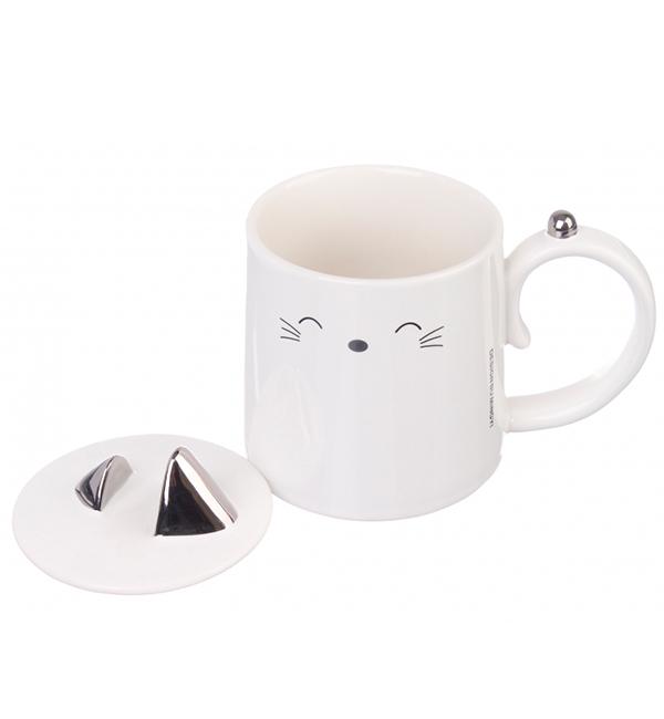 Чашка керамическая Cat с крышечкой 350 мл White (514049)