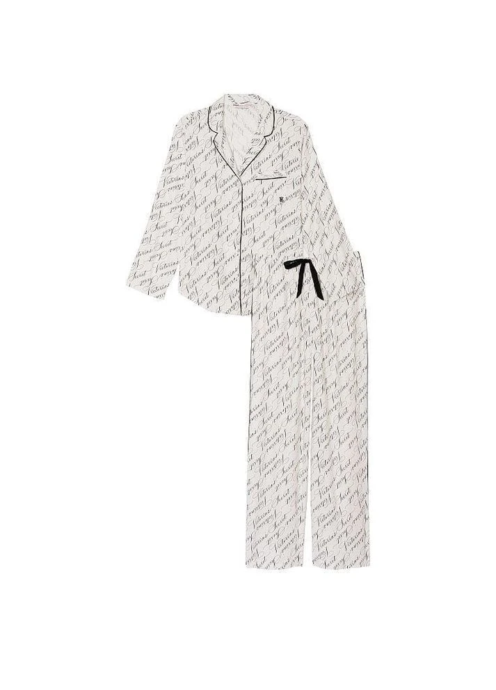 Піжама жіноча Victoria's Secret Flannel Long Pajama Set фланелева XS Білий з написами (15339827) - фото 3