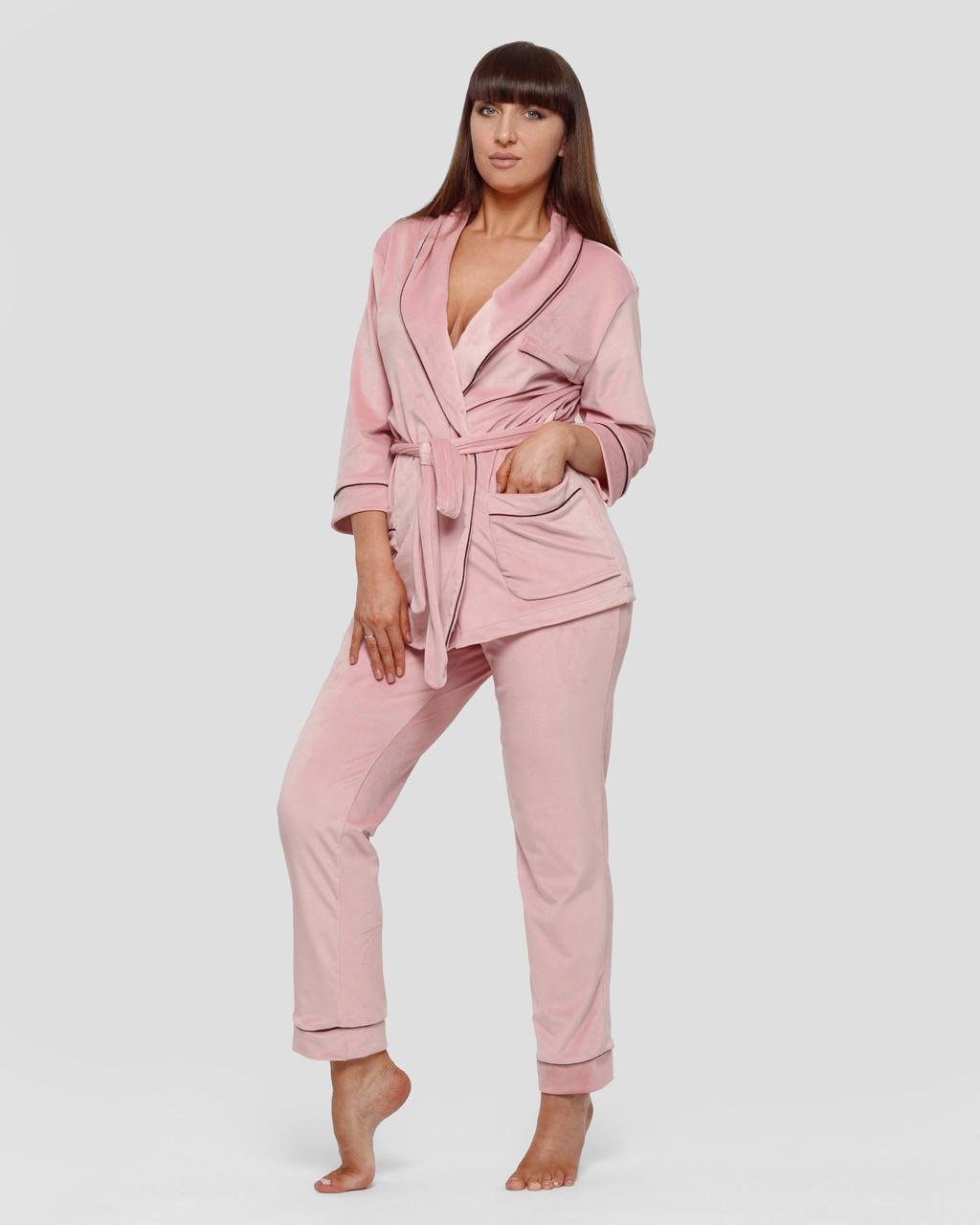 Костюм домашний женский велюровый халат с брюками 3XL Розовый (1805447011) - фото 2 Костюм домашний женский велюровый халат с брюками 3XL Розовый (1805447011) - фото 2