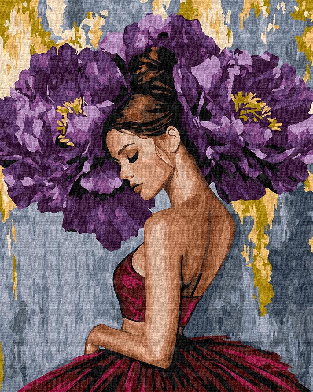 Картина по номерам Ideyka Балерина с пурпурными пионами с красками металлик 40х50 см (2824290344)