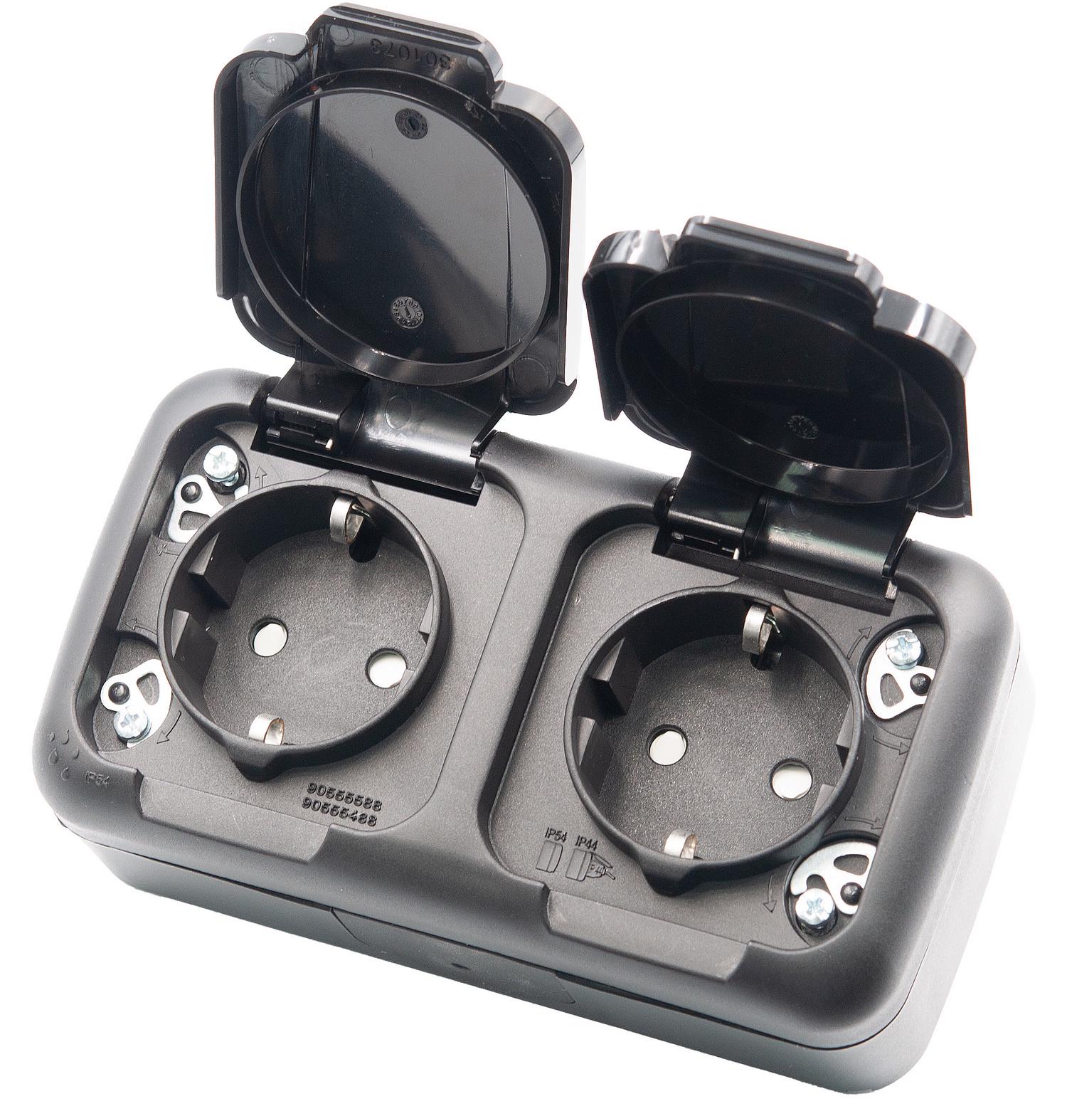 Розетка двойная накладная с заземлением со шторками и крышкой Viko Palmiye IP54 Черный (90555188)