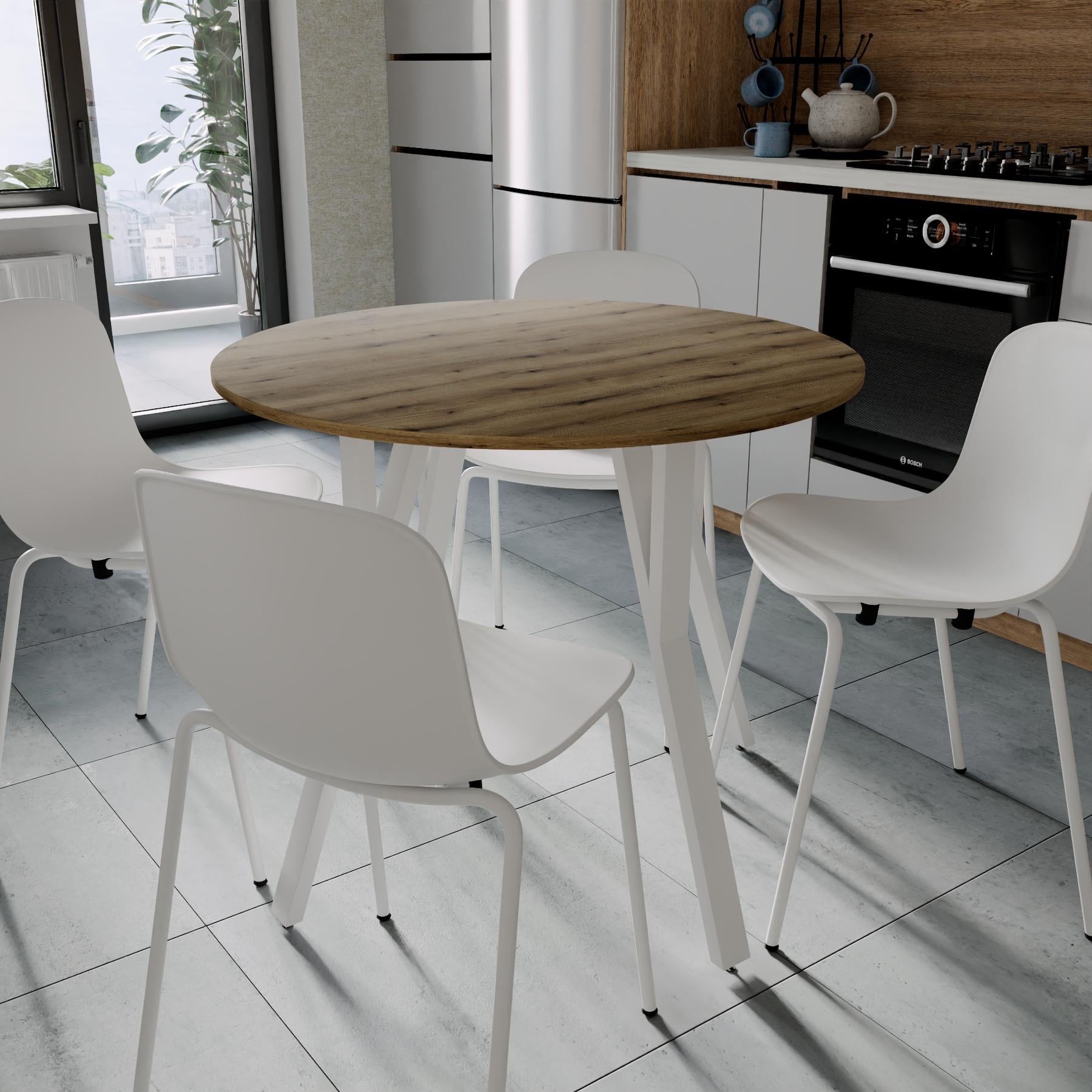 Обідній стіл круглий Ferrum-decor MARSI 4 870-4 ніжки конусні метал/ДСП 16 мм 750x870x870 мм Білий/Дуб Евок Прибережний (FRD-107528)